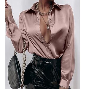 Classic Solid Satin Button Down Boyfriend Long Sleeve Shirt